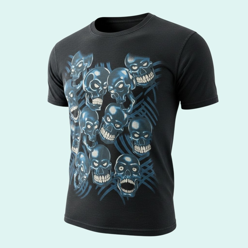 Competition Jeans Men's 3X Black Blue Skulls Graphic Print T-Shirt Double Sided